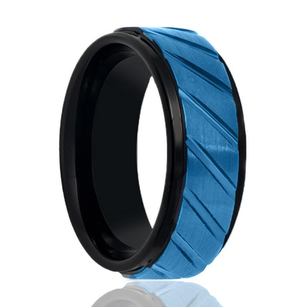 OBERON | Black Tungsten Ring, Blue Diagonal Grooves, Stepped Edge - Rings - Aydins Jewelry - 1