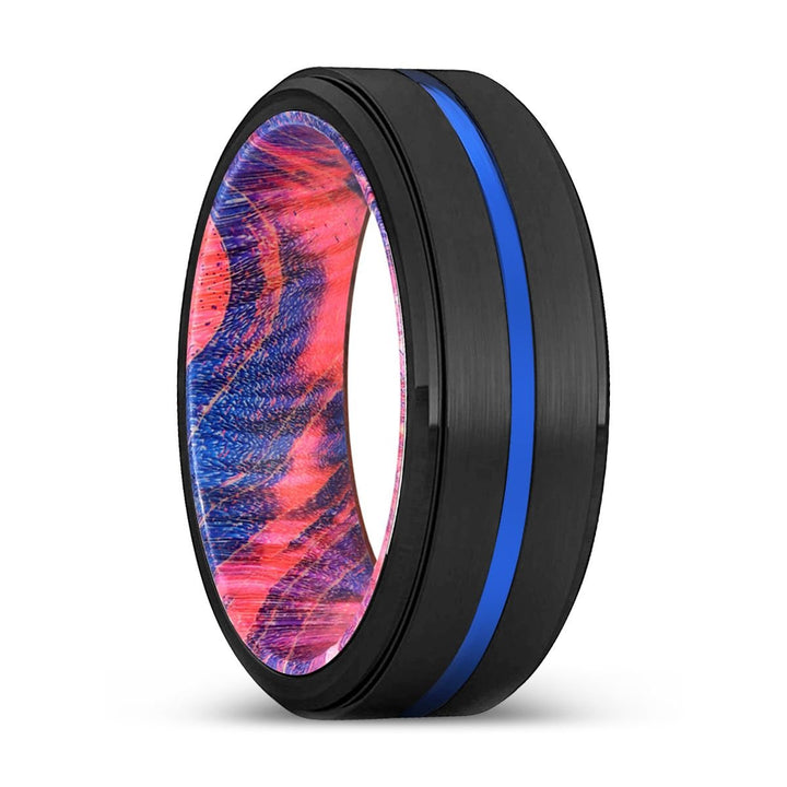 OBLIVION | Blue & Red Wood, Black Tungsten Ring, Blue Groove, Stepped Edge - Rings - Aydins Jewelry - 1