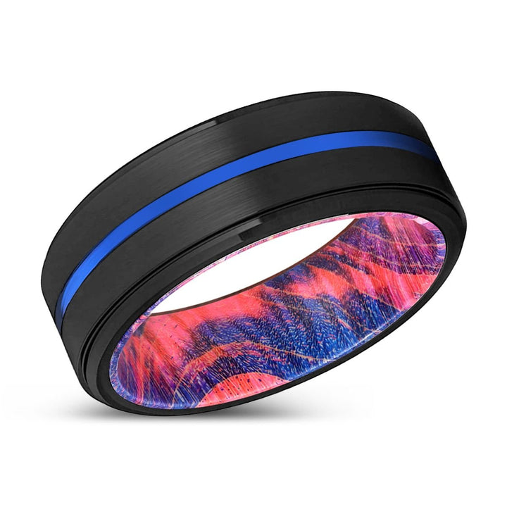 OBLIVION | Blue & Red Wood, Black Tungsten Ring, Blue Groove, Stepped Edge - Rings - Aydins Jewelry - 2