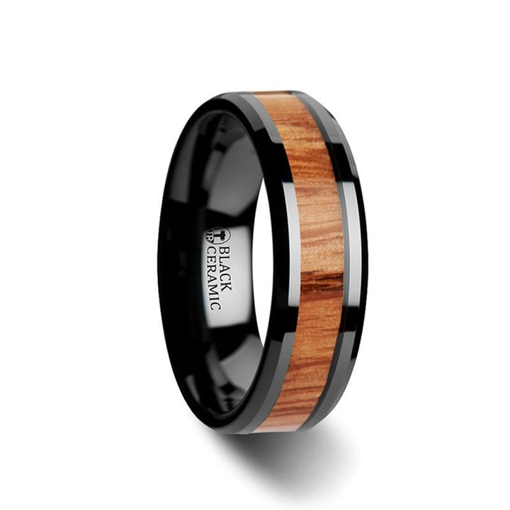 OBLIVION | Black Ceramic Ring, Red Oak Wood Inlay, Beveled - Rings - Aydins Jewelry - 2