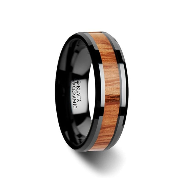OBLIVION | Black Ceramic Ring, Red Oak Wood Inlay, Beveled - Rings - Aydins Jewelry - 1