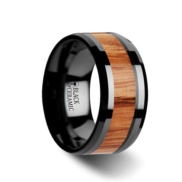OBLIVION | Black Ceramic Ring, Red Oak Wood Inlay, Beveled - Rings - Aydins Jewelry - 5