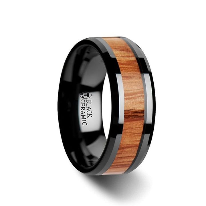OBLIVION | Black Ceramic Ring, Red Oak Wood Inlay, Beveled - Rings - Aydins Jewelry - 4