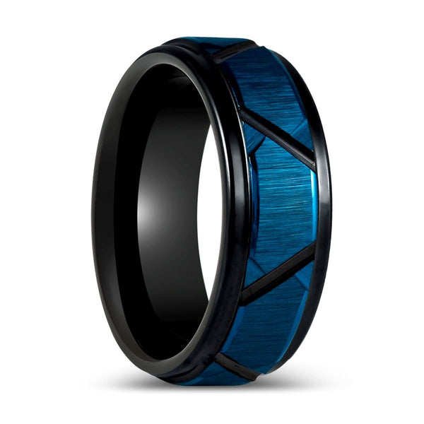 OBSCURA | Blue and Black Tungsten Ring with Trapezoids Design - Rings - Aydins Jewelry