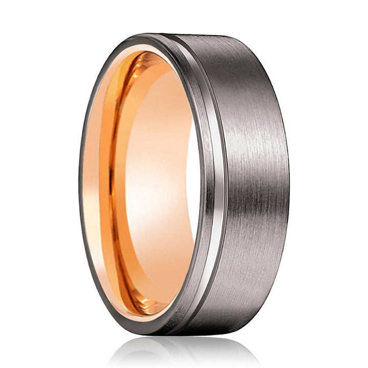 OCTOBER | Rose Gold Ring, Gunmetal Tungsten Offset Groove - Rings - Aydins Jewelry - 1