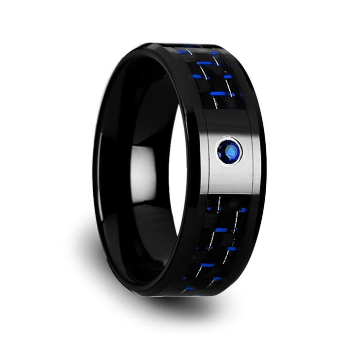 ODELL | Black Ceramic Ring, Blue Sapphire Stone, Black & Blue Carbon Fiber Inlay, Beveled - Rings - Aydins Jewelry - 2