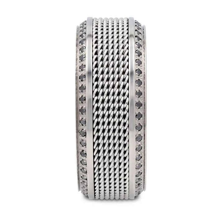 OGIER | Silver Titanium Ring, Steel Chain in Middle, Black Diamonds, Beveled - Rings - Aydins Jewelry - 3