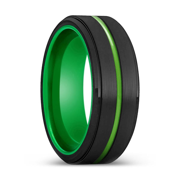 OLATHE | Green Ring, Black Tungsten Ring, Green Groove, Stepped Edge - Rings - Aydins Jewelry