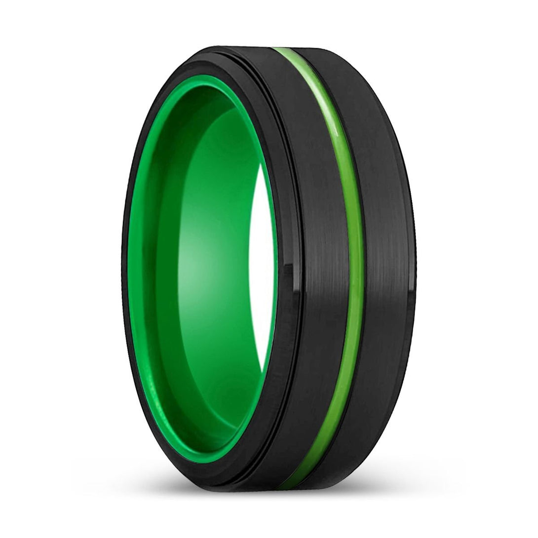 OLATHE | Green Ring, Black Tungsten Ring, Green Groove, Stepped Edge - Rings - Aydins Jewelry - 1