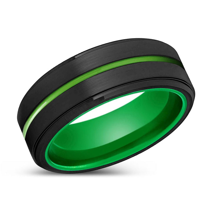 OLATHE | Green Ring, Black Tungsten Ring, Green Groove, Stepped Edge - Rings - Aydins Jewelry - 2