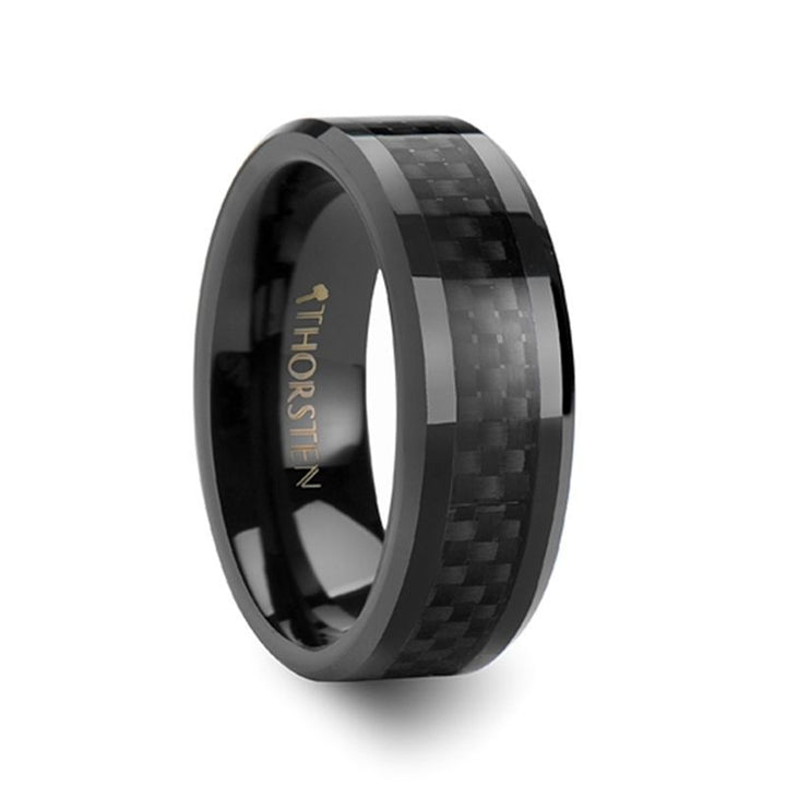 ONYX | Black Ceramic Ring, Black Carbon Fiber Inlay, Beveled - Rings - Aydins Jewelry - 4