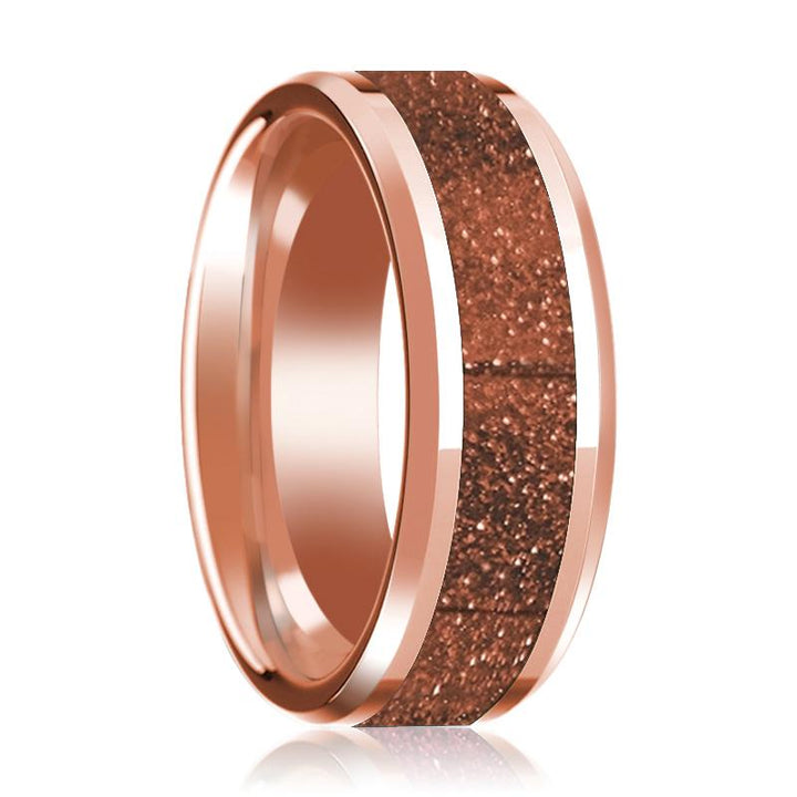 Orange Goldstone Inlaid 14k Rose Gold Wedding Band for Mens with Beveled Edges Polished Finish - 8MM - Rings - Aydins Jewelry - 1