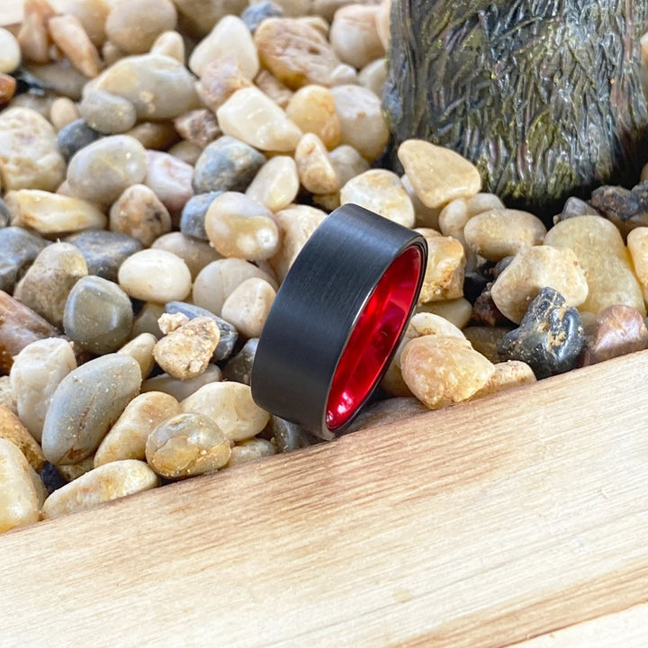 ORCHID | Red Ring, Black Tungsten Ring, Brushed, Flat - Rings - Aydins Jewelry - 6