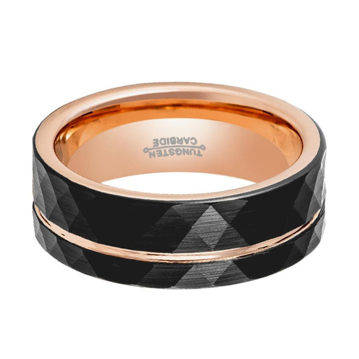 ORLANDO | Rose Gold Tungsten Ring, Hammered, Rose Groove, Flat - Rings - Aydins Jewelry - 3