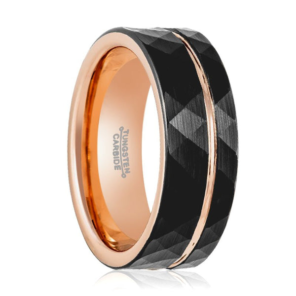 ORLANDO | Rose Gold Tungsten Ring, Hammered, Rose Groove, Flat