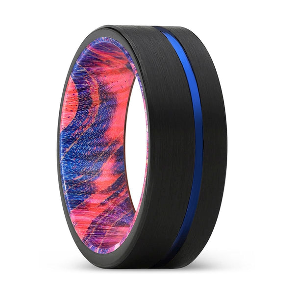 ORPHIC | Blue & Red Wood, Black Tungsten Ring, Blue Offset Groove, Flat - Rings - Aydins Jewelry - 1
