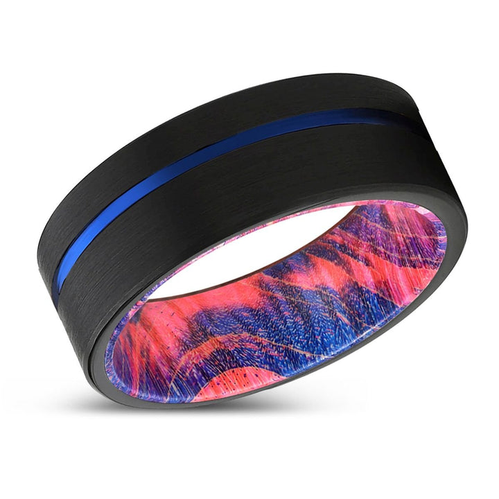 ORPHIC | Blue & Red Wood, Black Tungsten Ring, Blue Offset Groove, Flat - Rings - Aydins Jewelry - 2
