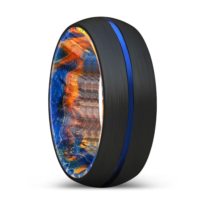OSIAN | Blue & Yellow/Orange Wood, Black Tungsten Ring, Blue Groove, Domed - Rings - Aydins Jewelry - 1