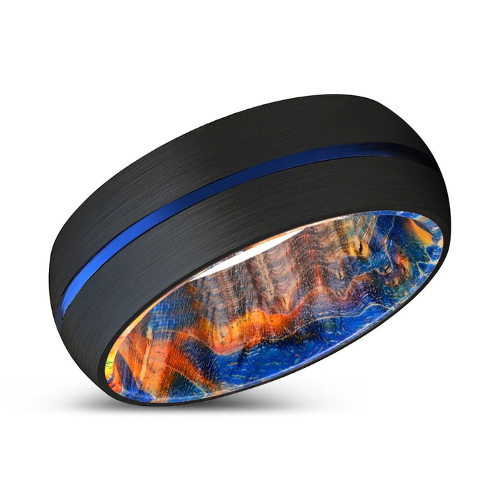 OSIAN | Blue & Yellow/Orange Wood, Black Tungsten Ring, Blue Groove, Domed - Rings - Aydins Jewelry - 2