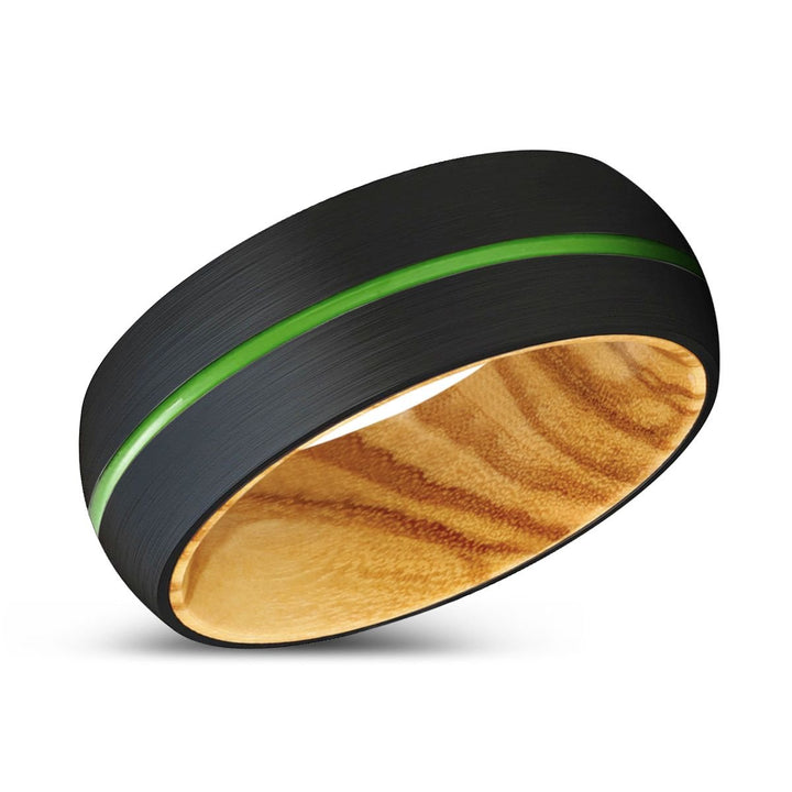 OSTRICH | Olive Wood, Black Tungsten Ring, Green Groove, Domed - Rings - Aydins Jewelry - 2
