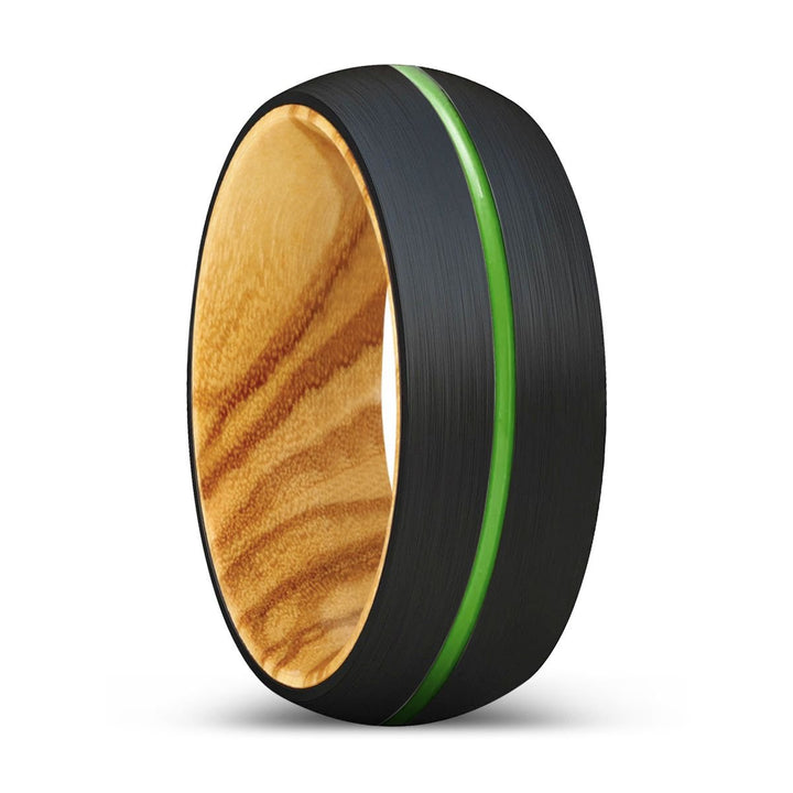 OSTRICH | Olive Wood, Black Tungsten Ring, Green Groove, Domed - Rings - Aydins Jewelry - 1