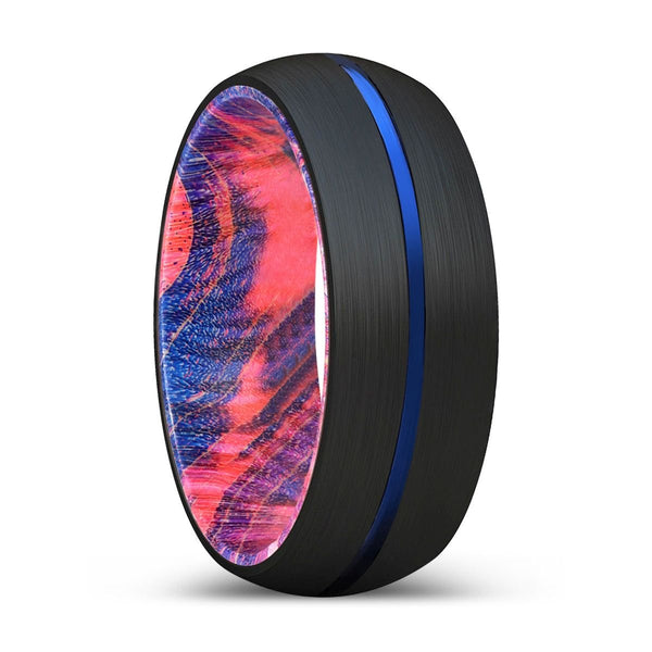 OWEIN | Blue & Red Wood, Black Tungsten Ring, Blue Groove, Domed - Rings - Aydins Jewelry - 1