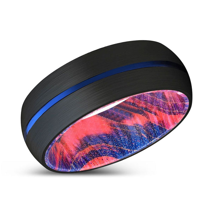 OWEIN | Blue & Red Wood, Black Tungsten Ring, Blue Groove, Domed - Rings - Aydins Jewelry