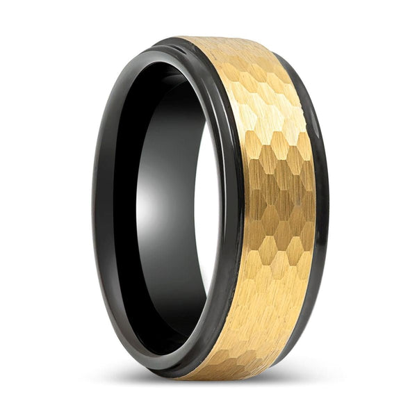 OZAK | Black Tungsten Ring with Yellow Hammered Center