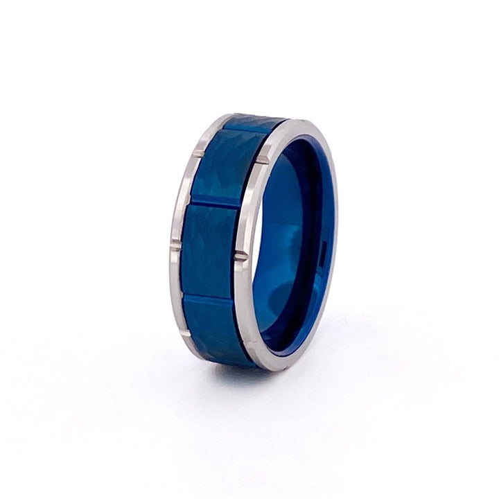 PACHUTA | Blue Hammered Tungsten Ring with Notches - Rings - Aydins Jewelry - 4