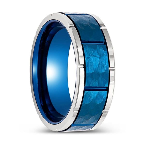 PACHUTA | Blue Hammered Tungsten Ring with Notches - Rings - Aydins Jewelry - 1