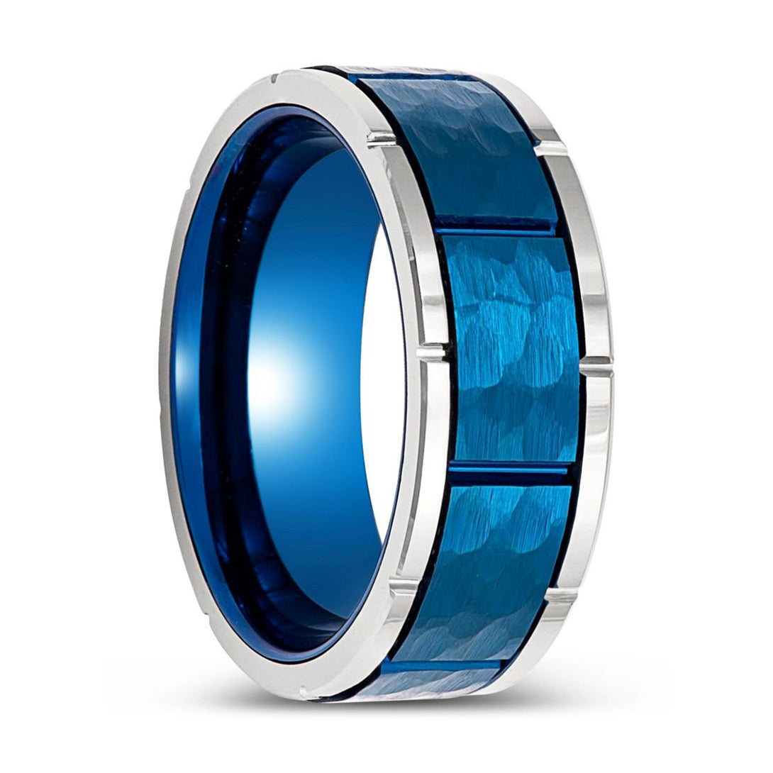 PACHUTA | Blue Hammered Tungsten Ring with Notches - Rings - Aydins Jewelry - 1