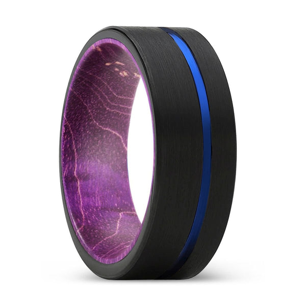 PALADIN | Purple Wood, Black Tungsten Ring, Blue Offset Groove, Flat - Rings - Aydins Jewelry - 1