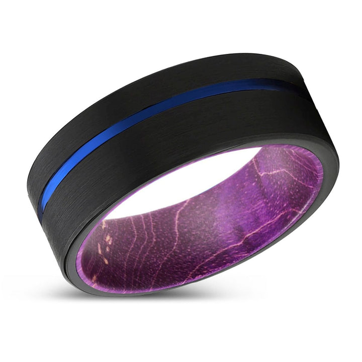 PALADIN | Purple Wood, Black Tungsten Ring, Blue Offset Groove, Flat - Rings - Aydins Jewelry - 2