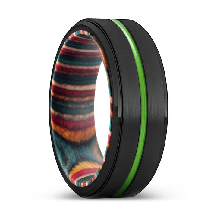 PALMDALE | Multi Color Wood, Black Tungsten Ring, Green Groove, Stepped Edge - Rings - Aydins Jewelry - 1