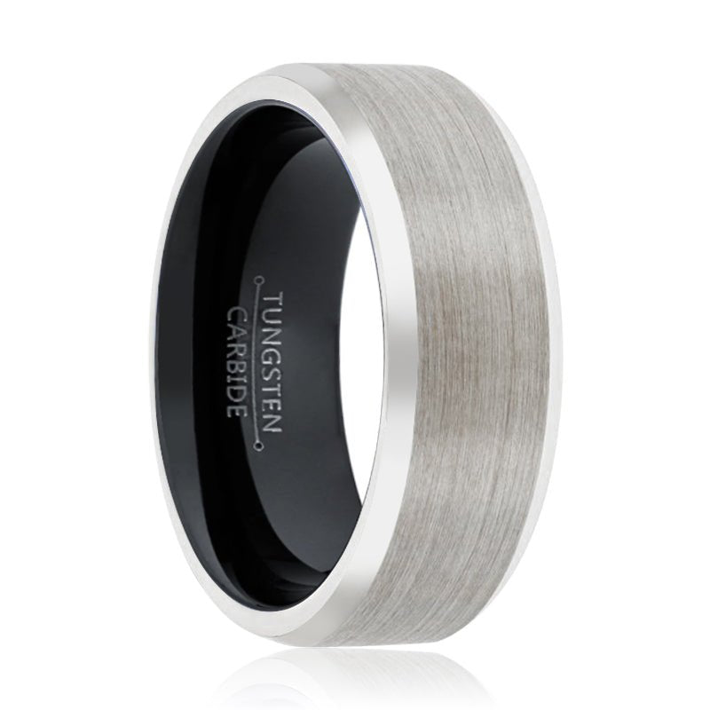 PANDA | Black Ring, Silver Tungsten Ring, Brushed, Beveled