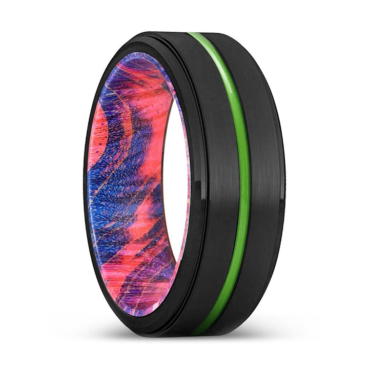 PASADENA | Blue & Red Wood, Black Tungsten Ring, Green Groove, Stepped Edge - Rings - Aydins Jewelry - 1
