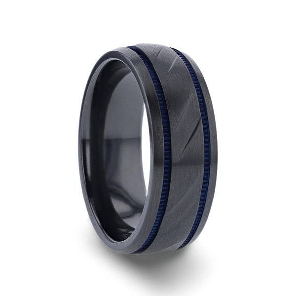 PATROL | Black Titanium Ring Blue Milgrain Grooves - Rings - Aydins Jewelry - 1
