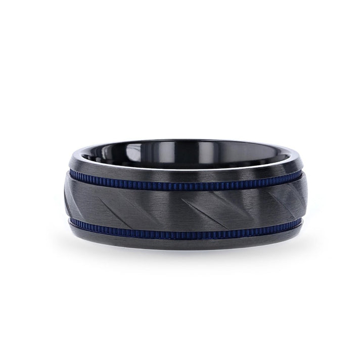 PATROL | Black Titanium Ring Blue Milgrain Grooves - Rings - Aydins Jewelry - 3