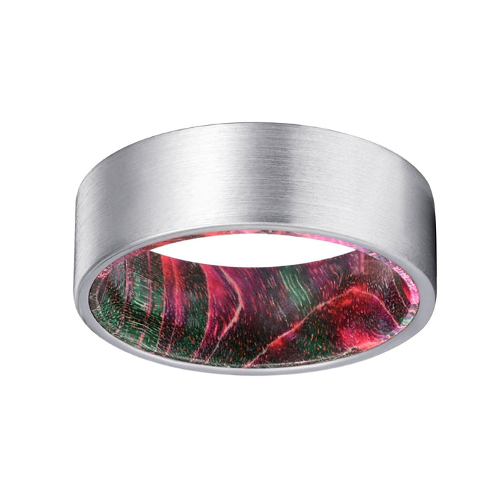 PATTERN | Green and Red Wood, Silver Tungsten Ring, Brushed, Flat - Rings - Aydins Jewelry - 2