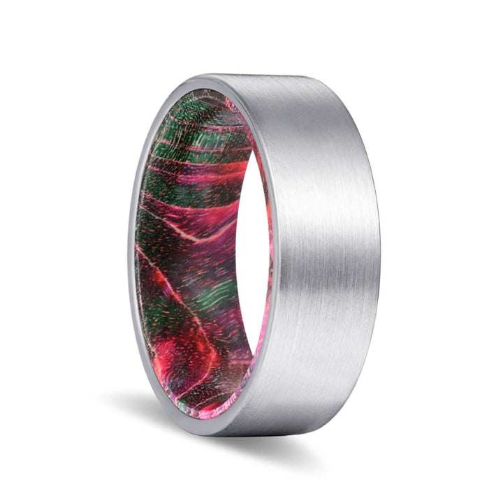 PATTERN | Green and Red Wood, Silver Tungsten Ring, Brushed, Flat - Rings - Aydins Jewelry - 1