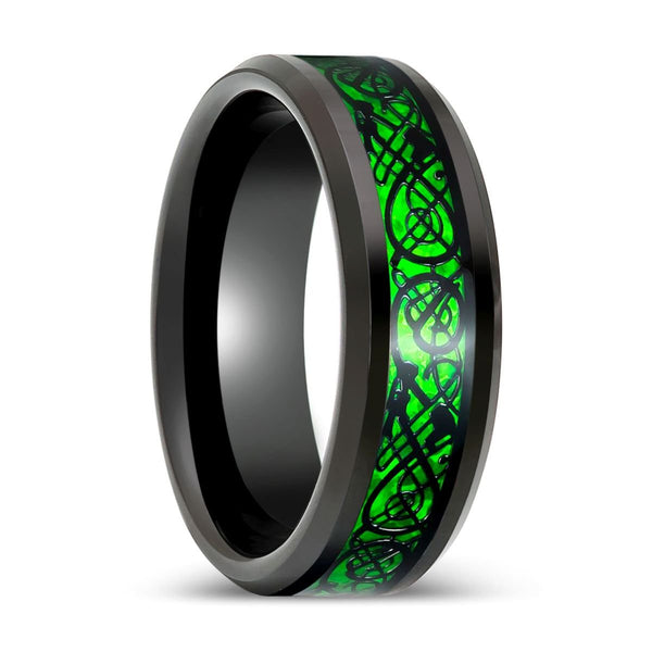 PEACHLAND | Black Tungsten Ring Green Celtic Dragon Inlay