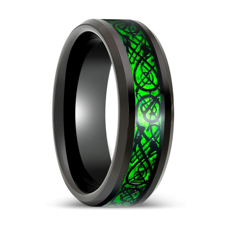 PEACHLAND | Black Tungsten Ring Green Celtic Dragon Inlay - Rings - Aydins Jewelry - 1