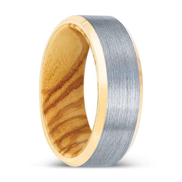 PEACHPAW | Olive Wood, Brushed, Silver Tungsten Ring, Gold Beveled Edges - Rings - Aydins Jewelry - 1