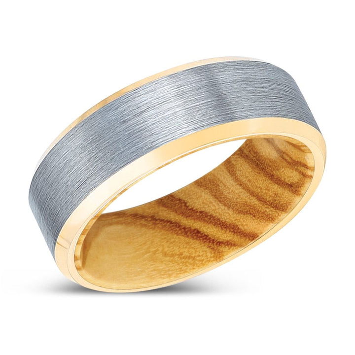 PEACHPAW | Olive Wood, Brushed, Silver Tungsten Ring, Gold Beveled Edges - Rings - Aydins Jewelry - 2
