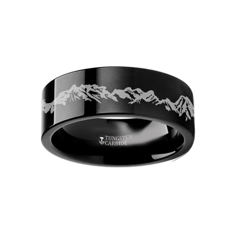 Peaks Mountain Range Scene Engraved Flat Tungsten  Tungsten Carbide men's wedding band, image 2