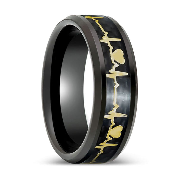 PEAPACK | Black Tungsten Ring Yellow Heartbeat Cutout Inlay