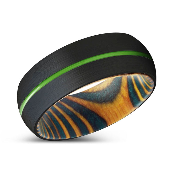 PELICAN | Green & Yellow Wood, Black Tungsten Ring, Green Groove, Domed - Rings - Aydins Jewelry - 2