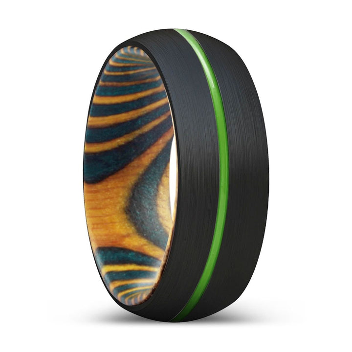 PELICAN | Green & Yellow Wood, Black Tungsten Ring, Green Groove, Domed - Rings - Aydins Jewelry - 1
