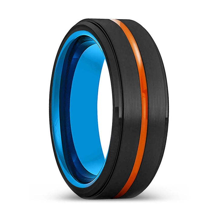 PEORIA | Blue Tungsten Ring, Black Tungsten Ring, Orange Groove, Stepped Edge - Rings - Aydins Jewelry - 1