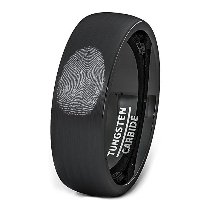Personalized Fingerprint Engraved Tungsten Men's Wedding Band Brushed Finish Domed